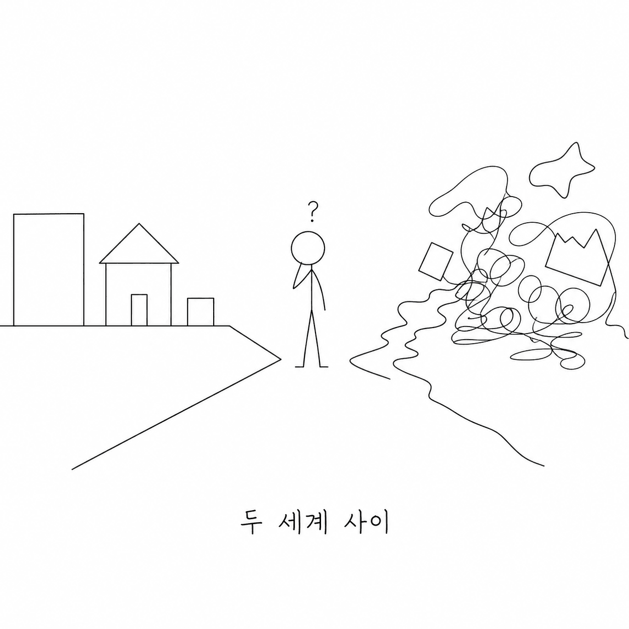 밝은 세계와 어두운 세계 사이에서 망설이는 인물을 그린 손그림