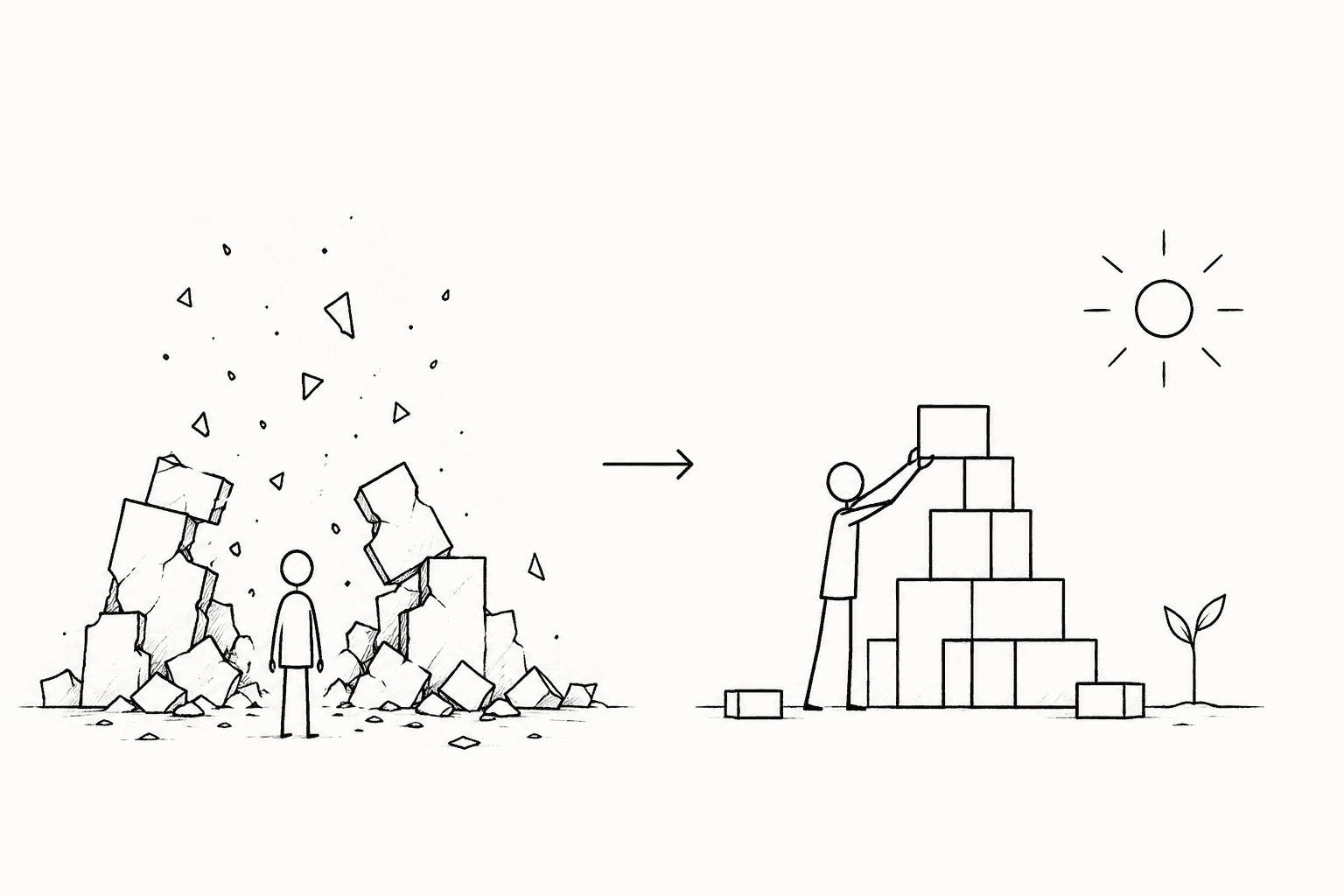 무너진 세계를 지나 새로운 질서를 다시 쌓아 올리는 모습을 그린 손그림